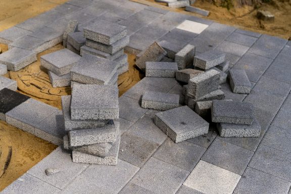 Gesteinsplatten liegen chaotisch auf einem Sandboden, einige sind gestapelt.